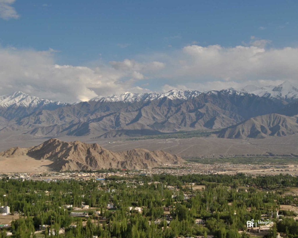 View of the mountains and Leh town below