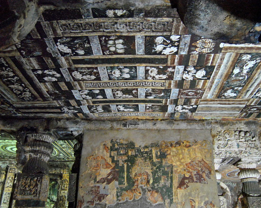 Art on the ceiling and walls of Ajanta caves