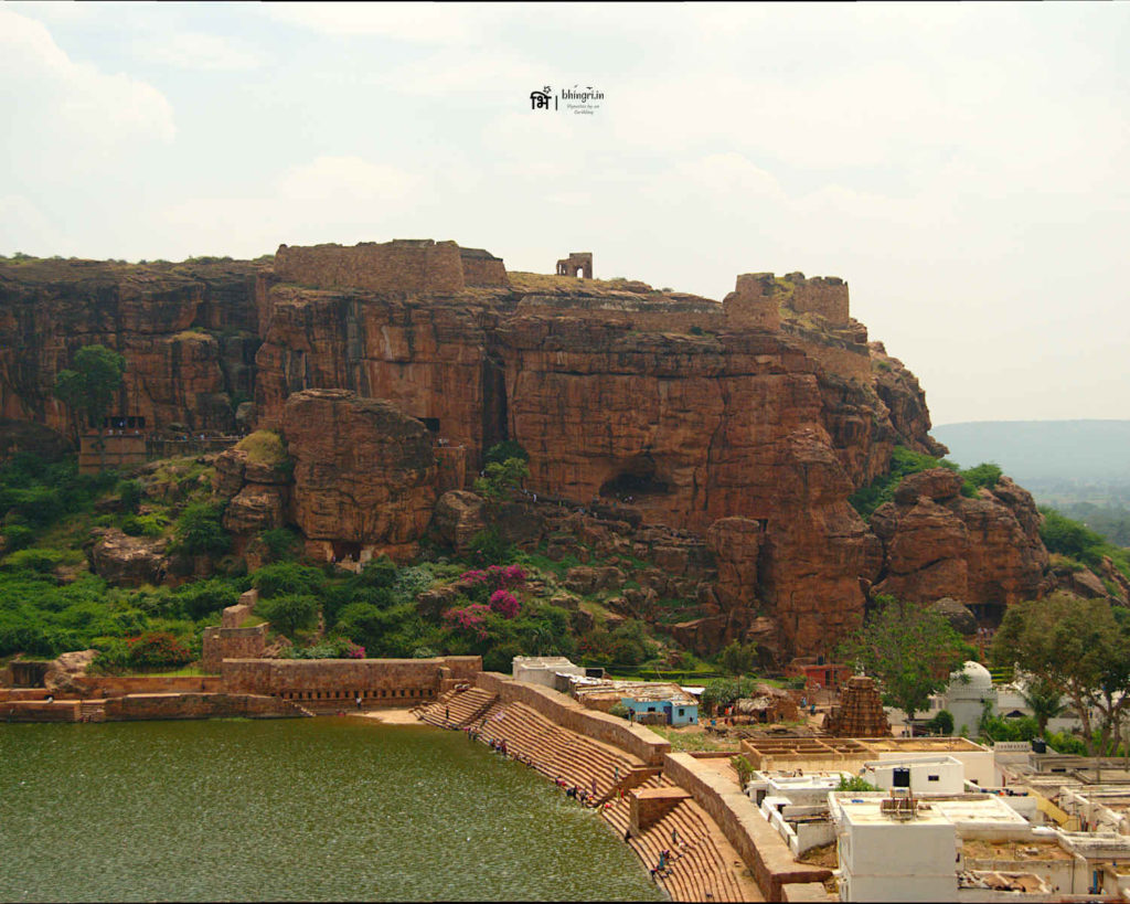 Agasthya lake and Badami caves from trhe fort ruins