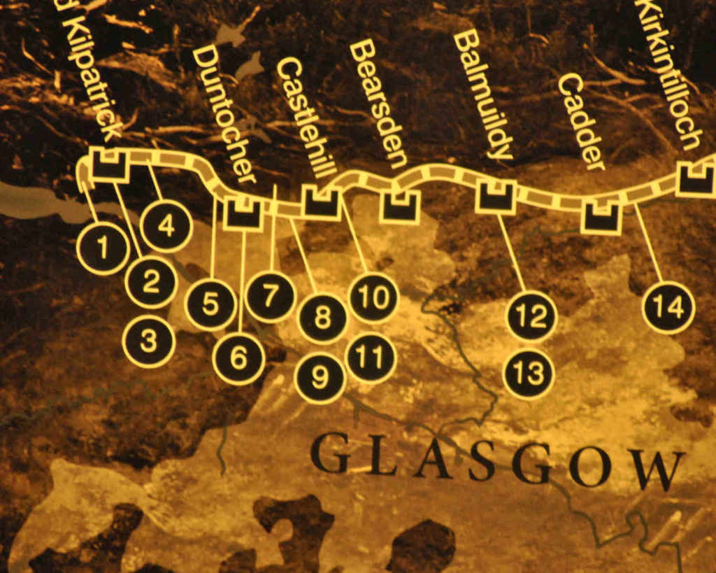 Antonian wall and fortlets from the west starting from the Forth of Clyde