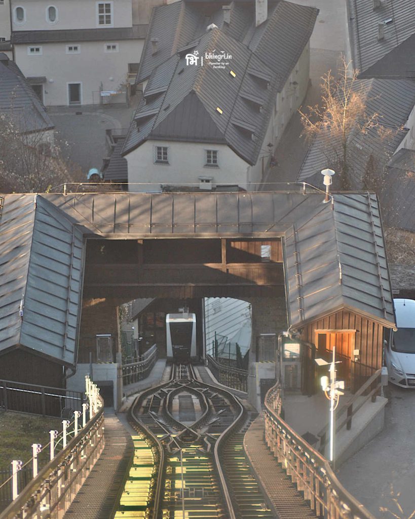 View from inside the funicular railway carriage on the way to the castle. Almost feels like being in "Inception".