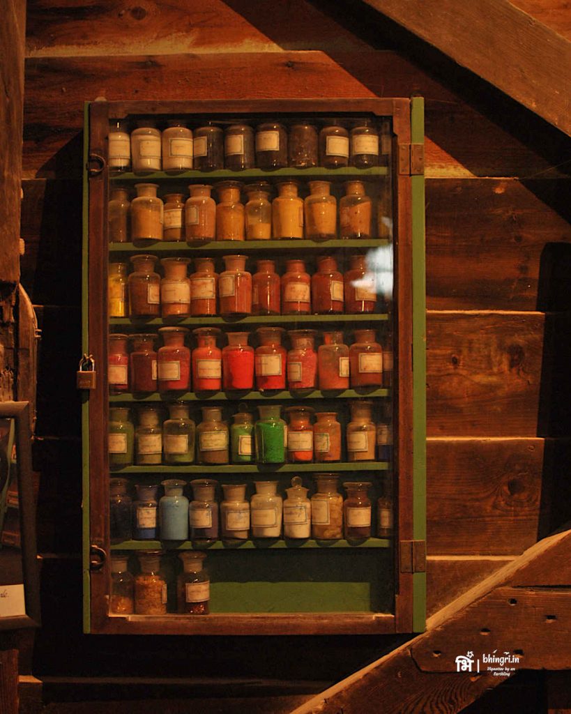 Display of colour dyes produced by De Kat, the chalk crushing windmill